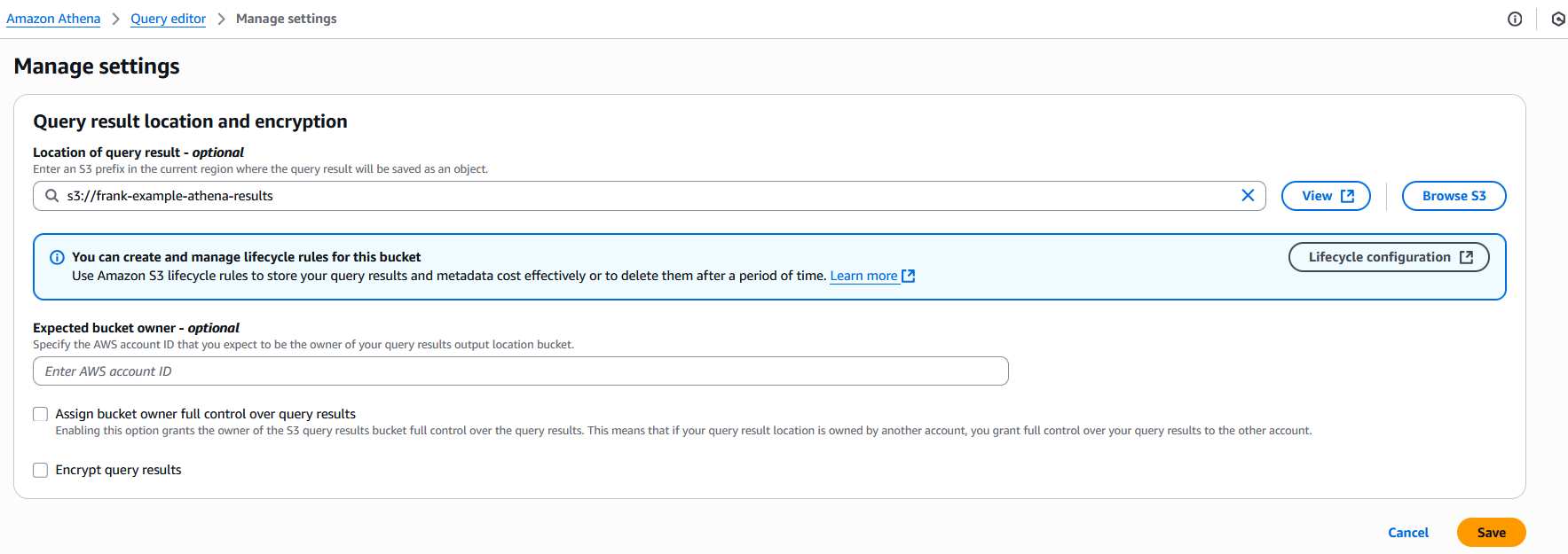 Athena's query settings page showing the location of query results set to s3://frank-example-athena-results.