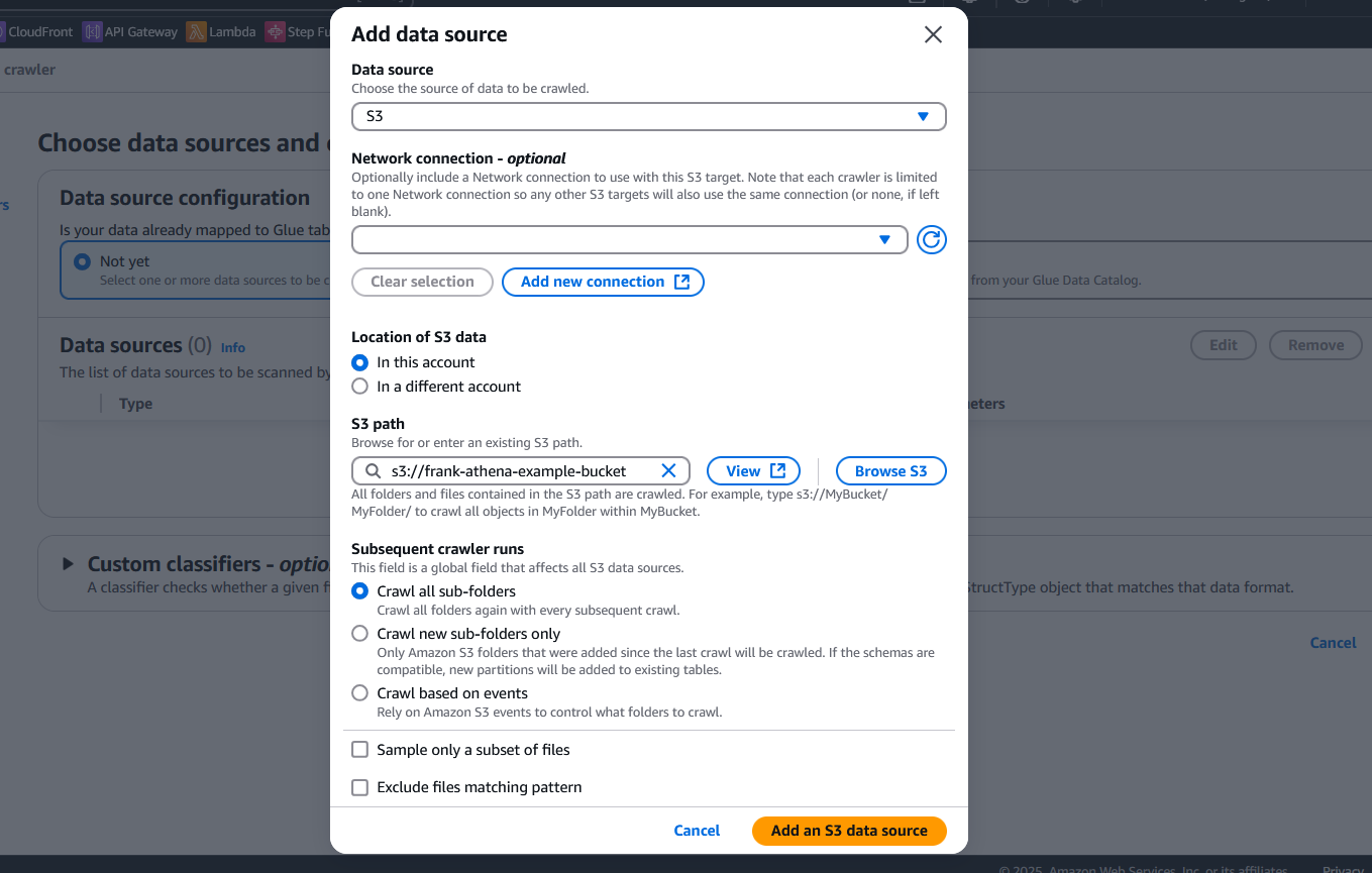 Adding a data source modal with source set to S3 and S3 path set to s3://frank-athena-example-bucket.