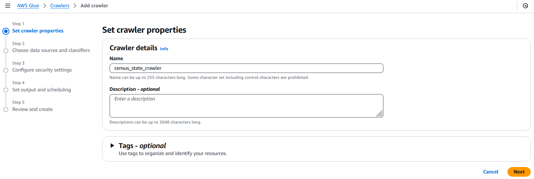 First step for creating a crawler in AWS Glue which needs a name and, optionally, a description.