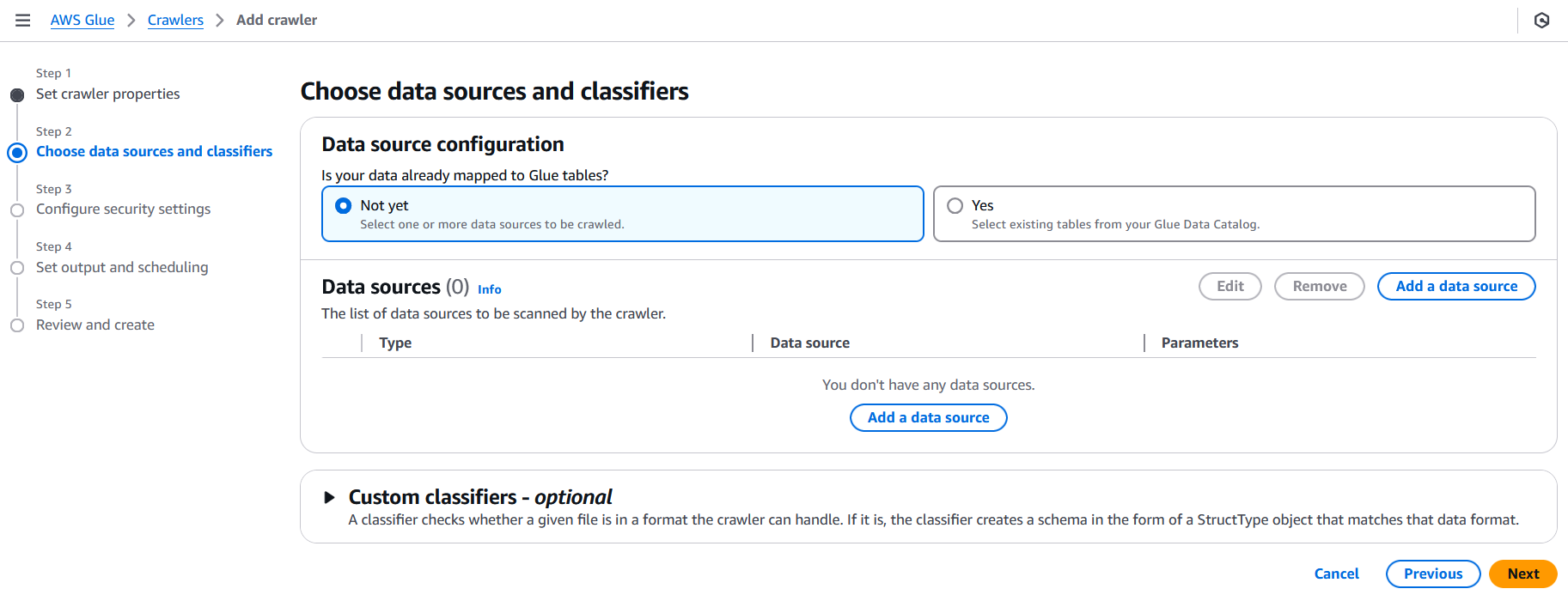 Second step for creating a crawler in AWS Glue which needs a data store.