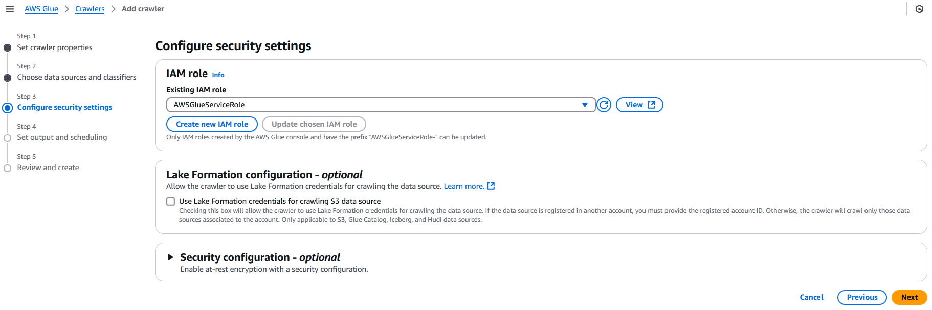 Third step for creating a crawler in AWS Glue which needs an IAM role.
