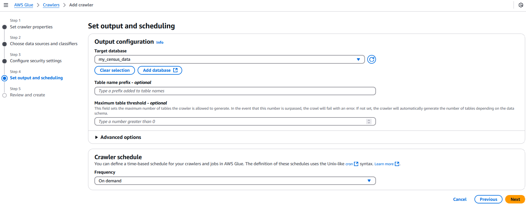 Fourth step for creating a crawler in AWS Glue which needs a database and a schedule.