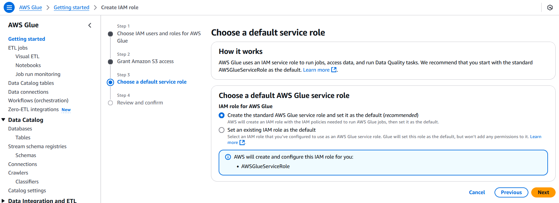 AWS Glue's choose a default service role step