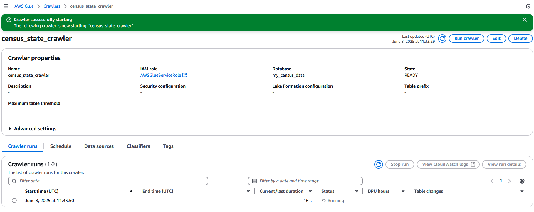 AWS Glue's crawler detail page showing the crawler's status as "Starting".