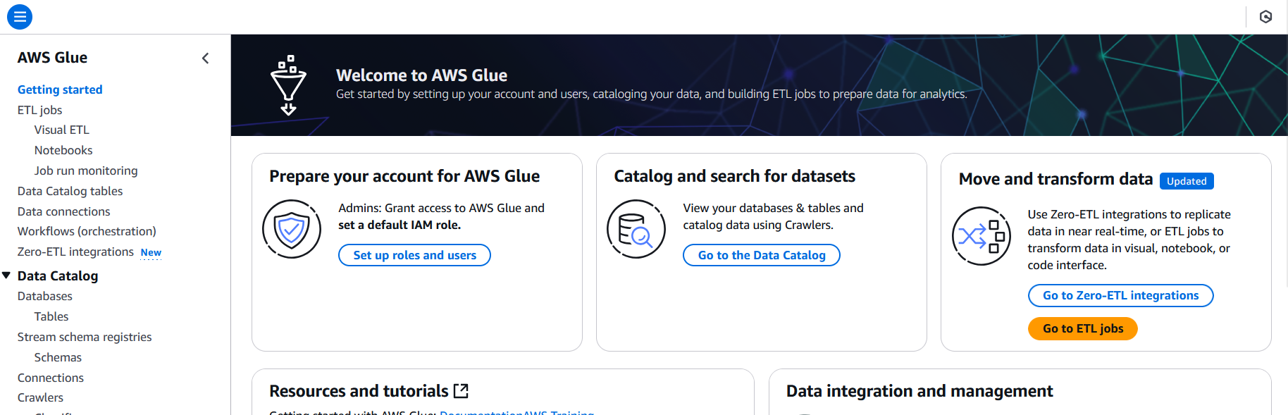 AWS Glue Main Page