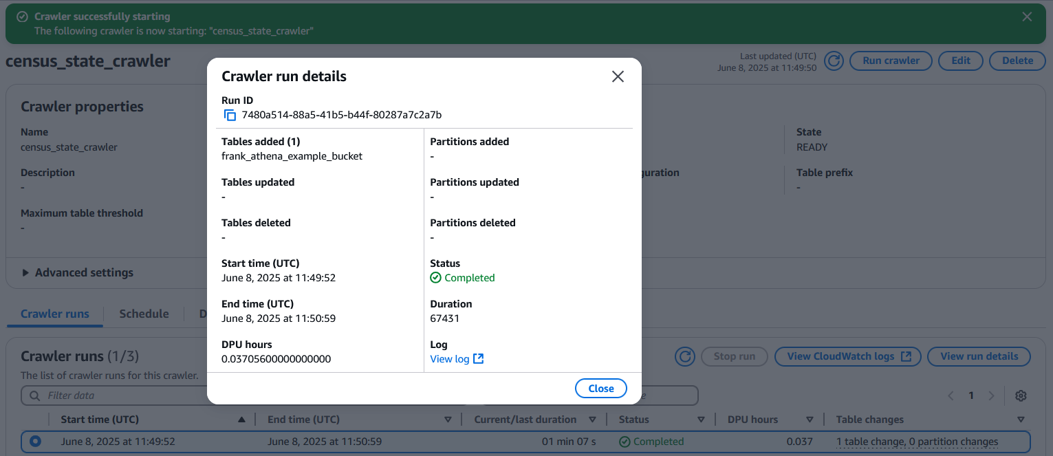 Modal showing crawler run details. Shows 1 table added (our example bucket) as well as start and stop time.