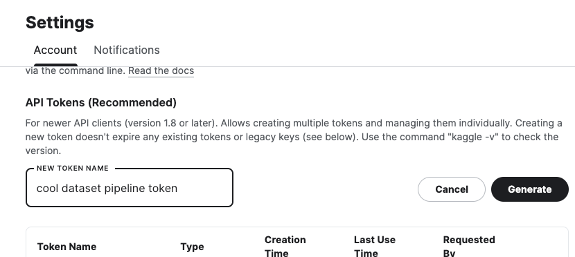 A section labelled API Tokens (Recommended) with a text box that says New Token Name. On the right, buttons that say Cancel and Generate are shown.