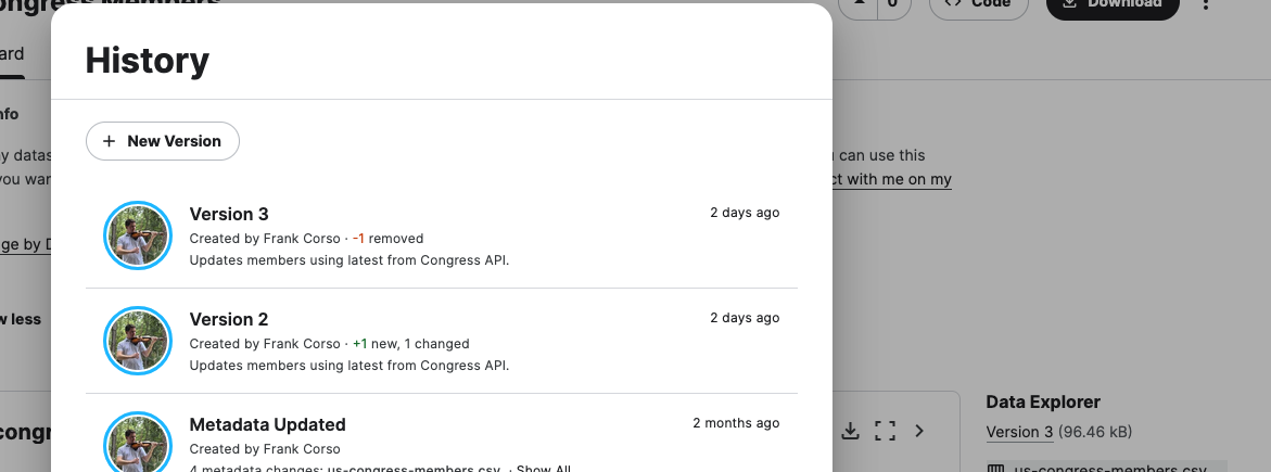 A modal showing the different versions of the dataset with Version 3 and Version 2 being shown with version notes.